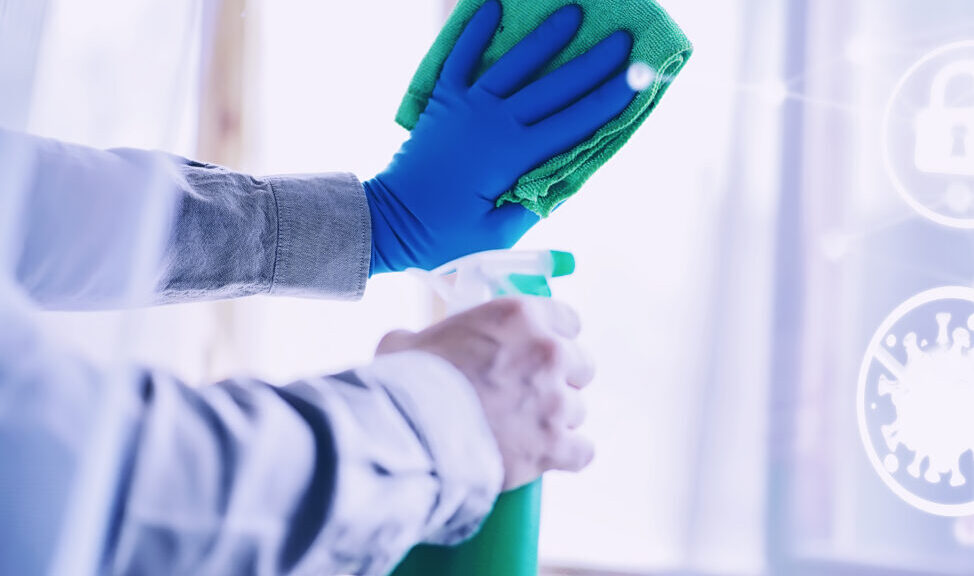 House cleaning concept. Wipe dust off surfaces. Disinfectant tre