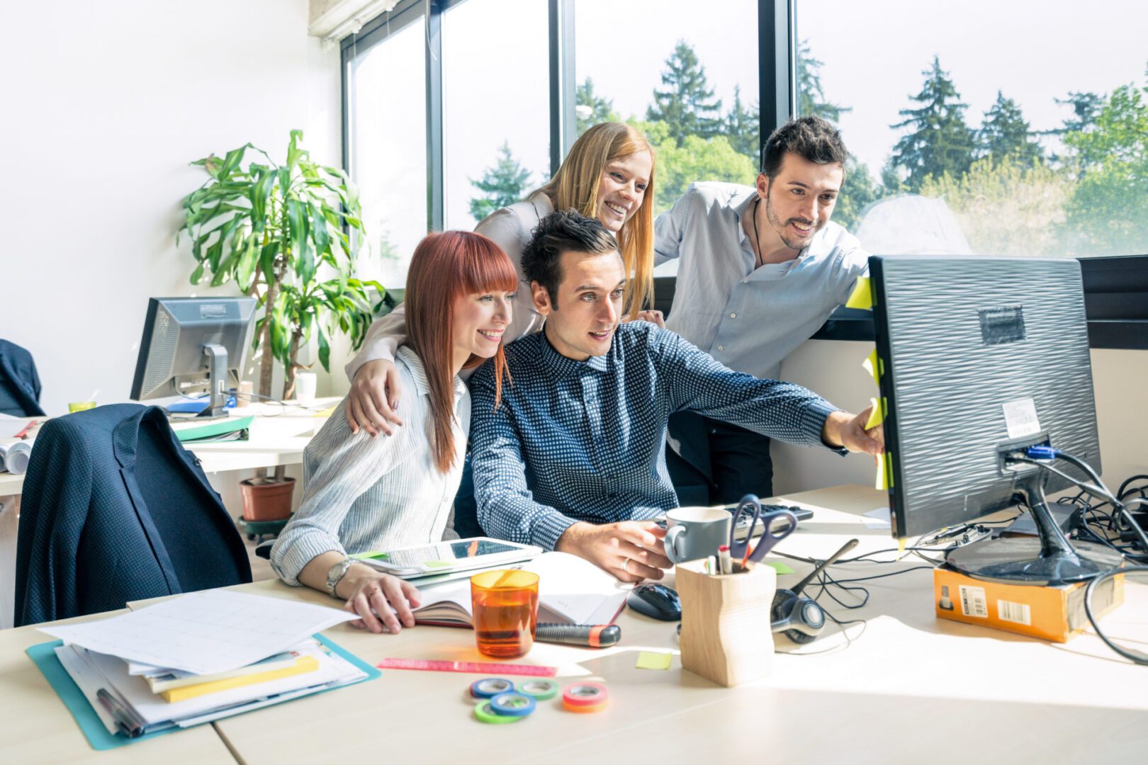 Group of young people employee workers with computer in urban al